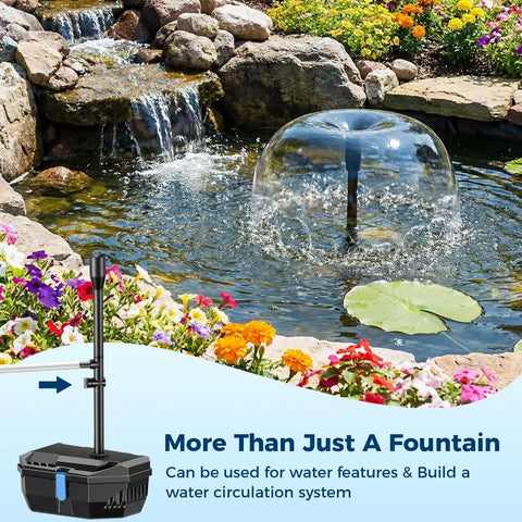 No Fuss 20W Solar Pond Filter Kit With Fountain Pump in a koi pond with waterfall and colorful flowers, outdoor feature display