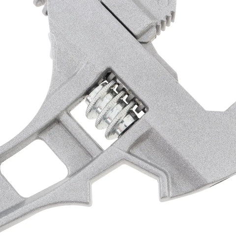 Close-up of Stubby Adjustable Wrench With Wide Jaw Opening Aluminum Alloy Heavy Duty Spanner showing gears and grip details.