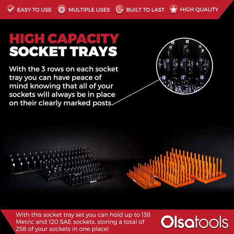 Six Piece Three Row Socket Organizer Trays In Orange For One Quarter Three Eighths One Half Inch Drive Keeps Sockets Neat And Ready With Deep And Shallow Toolbox Storage For SAE And Metric Sets