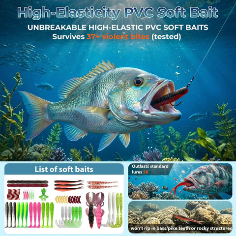 Fish biting high-elastic soft bait, All In One Fishing Kit With Tackle Box 193 Piece Set Including Frogs Minnows Soft Baits Hooks And Weights