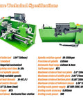 WYDDDARY Eight By Sixteen Inch Precision Benchtop Metal Lathe With Digital Readout DRO And Electronic Variable Speed Control technical specifications in diagram form.