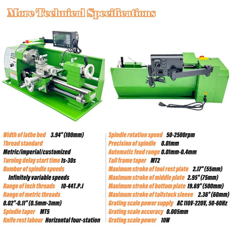 WYDDDARY Eight By Sixteen Inch Precision Benchtop Metal Lathe With Digital Readout DRO And Electronic Variable Speed Control technical specifications in diagram form.