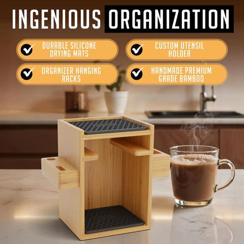 Compact AeroPress Organizer Stand Bamboo Coffee Caddy Station With Filter Holder and Mug Rack on kitchen counter