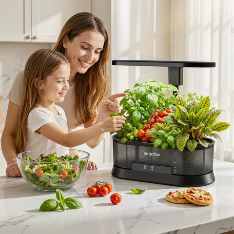 Mother and daughter using Hydroponic Growing System With Removable Water Tank 36W Dimmable Full Spectrum LED Grow Light 12 Pod Indoor Herb Garden 5L Split Water Tank And 21.6 Inch Height Adjustable Stand For Easy Setup And Fresh Homegrown Herbs