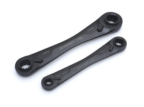 Two Piece X6 Four In One Black Oxide Spline Ratcheting Metric Wrench Set For Tight Access And Maximum Versatility, Durable Steel