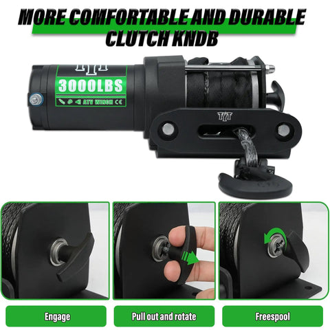 Beefy 3000 Lb ATV Winch With Wireless Remote And Wired Switch 12V DC Electric Winch With Synthetic Rope Fairlead And Mounting Plate For Easy Install And Universal Fit Perfect For Off Road Recovery, shown with freespool clutch