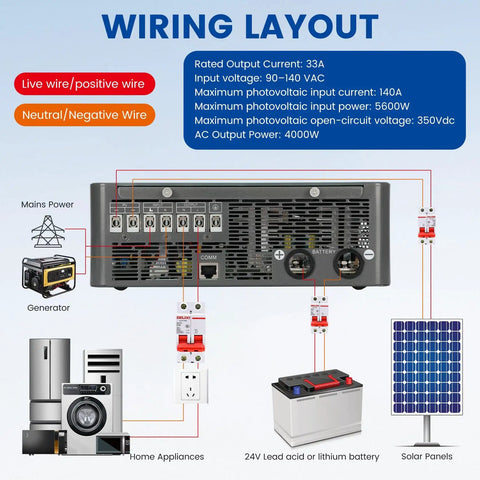 Wiring layout for 4000W Hybrid Solar Inverter 24V DC To 120V AC Pure Sine Wave With Glass Top Cover LCD Display Built In 140A MPPT