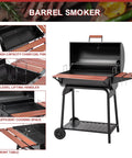 30 Barrel Charcoal Grill With Wood Painted Side Front Table And 627 Sq In Cooking Space For Backyard BBQs, Outdoor Parties, And Patio Grilling, featuring high-capacity charcoal pan and wood side table.