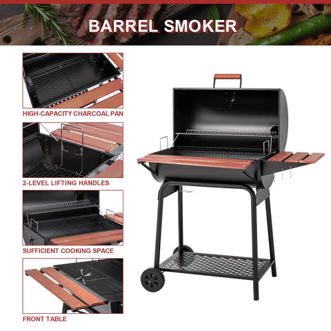 30 Barrel Charcoal Grill With Wood Painted Side Front Table And 627 Sq In Cooking Space For Backyard BBQs, Outdoor Parties, And Patio Grilling, featuring high-capacity charcoal pan and wood side table.