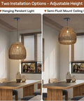 WALMHEIM 15.7" Boho Rattan Pendant Light Fixture displayed as hanging pendant and semi-flush mount options in a dining room.