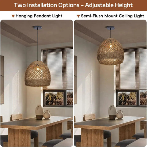 WALMHEIM 15.7" Boho Rattan Pendant Light Fixture displayed as hanging pendant and semi-flush mount options in a dining room.