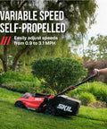 Top Shelf 40V Brushless Self Propelled Lawn Mower With 20 Inch Cutting Deck and Smart Caddy Storage, showing variable speed control.