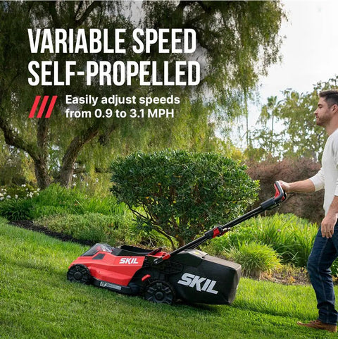 Top Shelf 40V Brushless Self Propelled Lawn Mower With 20 Inch Cutting Deck and Smart Caddy Storage, showing variable speed control.