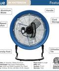 Front view of Blue 22 Inch High Velocity Floor Fan Heavy Duty Industrial Grade With Three Speeds And Three Position Tilt For Commercial And Residential Use Aluminum Propeller And Side Airflow Intake