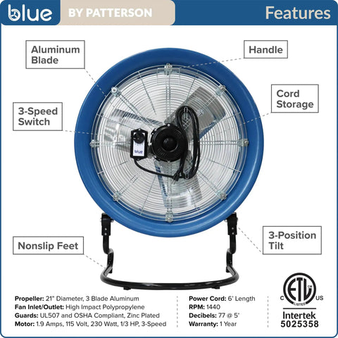 Front view of Blue 22 Inch High Velocity Floor Fan Heavy Duty Industrial Grade With Three Speeds And Three Position Tilt For Commercial And Residential Use Aluminum Propeller And Side Airflow Intake