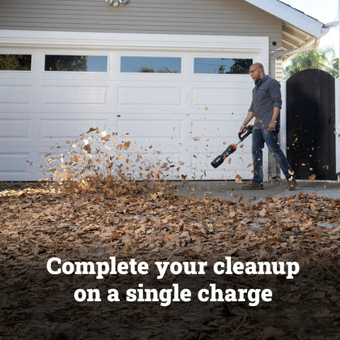 Person using Nitro Cordless Leaf Blower With 410 CFM Airflow And 130 MPH Turbo Power, Ultra Lightweight at 3.8 lbs, WG543 on driveway