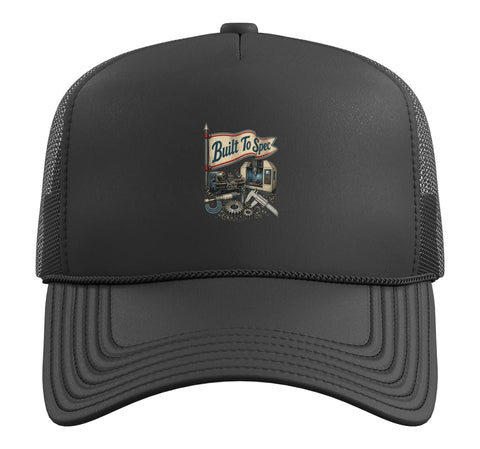 Stylish Black Gauge Square Vise Trucker Hat Perfect For Machinist And CNC Tool Geeks featuring Built To Spec graphic.