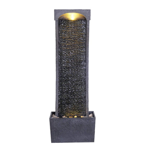 Front view of Curved Faux Slate Waterfall Fountain With LED Light Accents For Indoor Or Outdoor Use, Easy Setup, Modern Black And Stone Gray Design, 1.98 Gallon Pump, Weatherproof Polyresin And Stone Powder Construction.