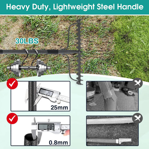 Close-up of 63 Inch Heavy Duty Metal Bow Rake With 17 Tines for Lawn and Garden Cleanup, showing steel handle and tine measurements.
