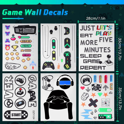 White And Black 56 Piece Gamer Wall Decal Set With Controllers And Joysticks Removable Video Game Stickers six sheets