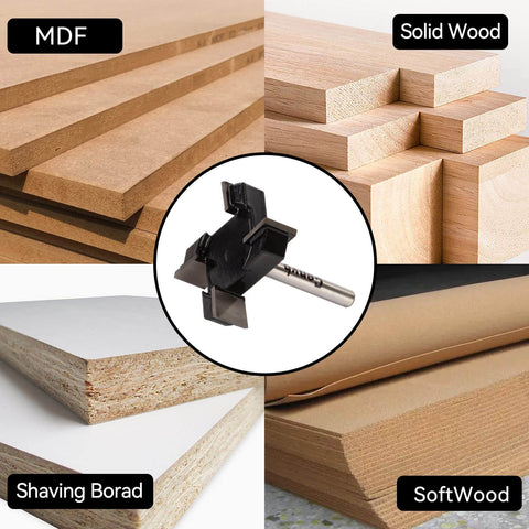 Boss Spoilboard Surfacing Slab Flattening Router Bit With Four Flutes, One Quarter Inch Shank, images of MDF, solid wood, shaving board, softwood