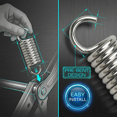 Replacement 2 Inch Extension Springs For Furniture Mechanisms 10 Pack showing installation and pre-bent design details.