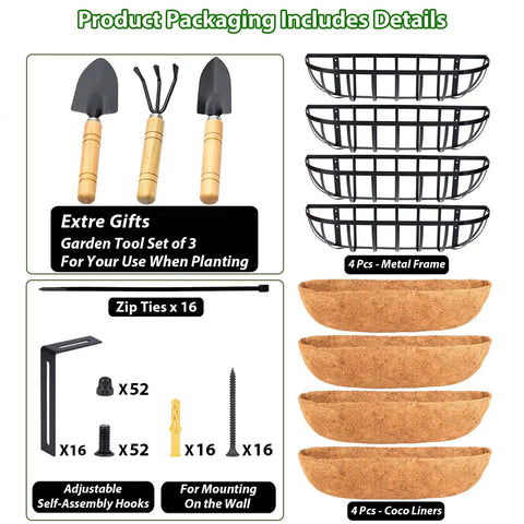 4 Pack 24 Inch Railing Planter Window Box With Coconut Coir Liner No Fuss Easy Install Metal Fence Hanging Flower Baskets packaging details