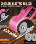 Pink Cordless Electric Scissors With LED Light featuring a brushless motor, 0.24-inch cutting capacity, and tungsten steel blade.