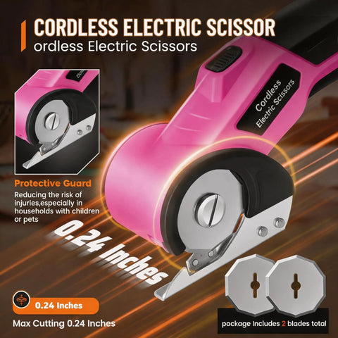 Pink Cordless Electric Scissors With LED Light featuring a brushless motor, 0.24-inch cutting capacity, and tungsten steel blade.