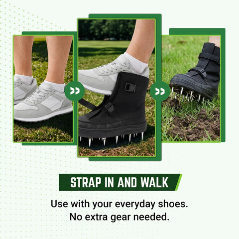 Spiked Lawn Aerator Shoes Adjustable For Grass And Garden Yard Care With Heavy Duty Stainless Steel Spikes That Walk With You To Loosen Soil And Improve Water Oxygen And Nutrients Size 14 No Bulky Equipment shown strapped to sneakers