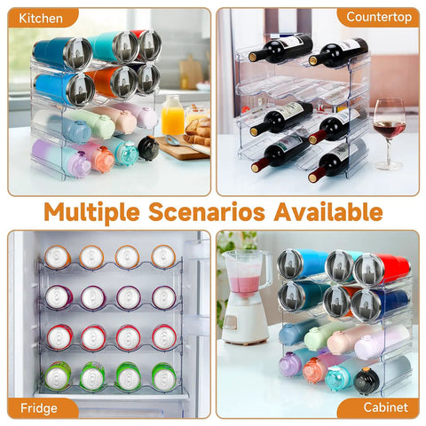 Heavy Duty Four Tier Water Bottle Organizer Rack With Hella Spacious Compartments For Stress Free Beverage Storage In Garage Kitchen Or Pantry Totally Fits Up To Thirty Two Oz Bottles Daily in fridge, cabinet, countertop, kitchen scenarios.