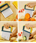 Crinkle Cutter Knife with yellow/blue handle and stainless steel blades; four-view collage showing slicing carrots and potatoes.