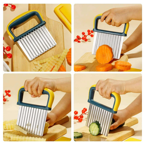 Crinkle Cutter Knife with yellow/blue handle and stainless steel blades; four-view collage showing slicing carrots and potatoes.