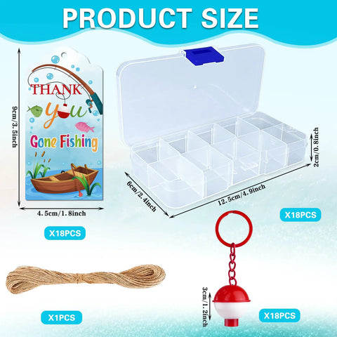 Product size details of 18 Piece Mini Fishing Tackle Box Party Favors Set Colorful Candy Stash Boxes with fishing decor gift tags