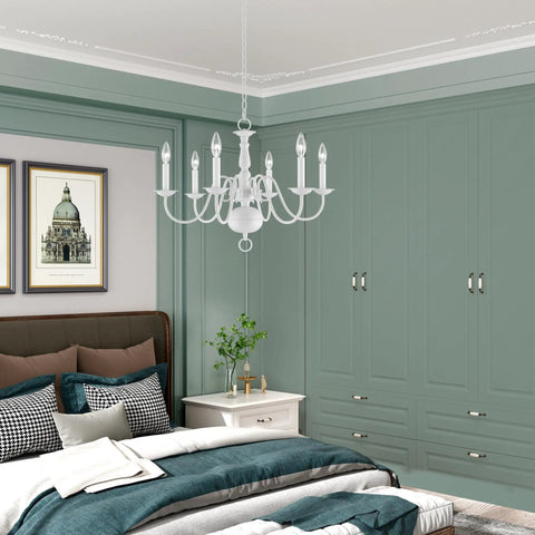Williamsburgh 6 Light Chandelier In White Traditional Steel Fixture For Dining Room installed in elegant bedroom setting