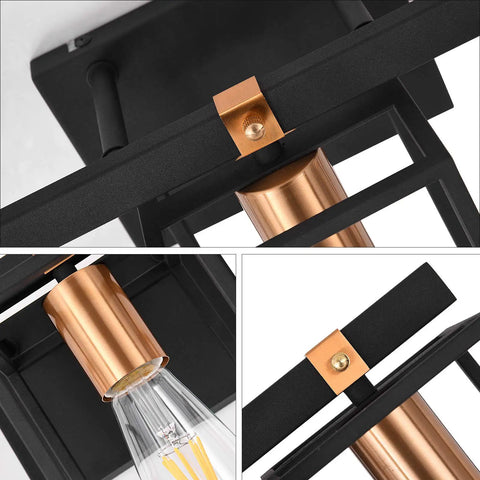 Close-up of Industrial Style 3 Light Vanity Light Fixture In Black And Antique Brass With Metal Cage Frame Rustic Farmhouse Wall Sconce