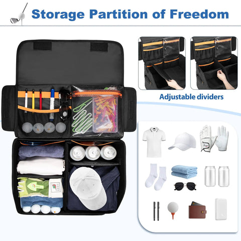 Dual Layer Golf Trunk Organizer With Ventilated Shoe Compartment For Two Pairs Of Shoes showing inner storage with dividers.