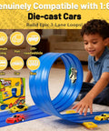 Child playing with Triple Lane Flexible Race Track for Kids, 20Ft Roll-Up DIY Racetrack, compatible with Hot Wheels 1/64 cars