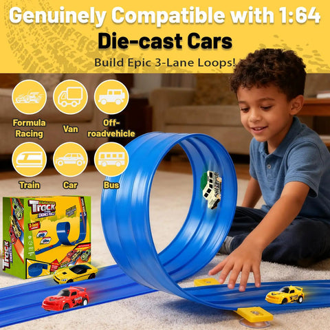 Child playing with Triple Lane Flexible Race Track for Kids, 20Ft Roll-Up DIY Racetrack, compatible with Hot Wheels 1/64 cars