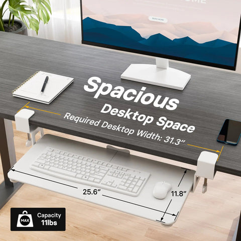 Under Desk Keyboard Tray With Smooth Pull Out Track, Ergonomic Mouse Platform For Office Space Hack shown under desk with dimensions.