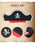 Swashbuckling Pirate Costume Kit With Telescope, Compass, Eye Patch, Plastic Pistol, Plastic Sword, Hat, Belt, And Treasure Map For Halloween Cosplay, Parties, And Dress Up Adventures pirate hat with skull emblem, red trim, and elastic band