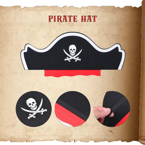 Swashbuckling Pirate Costume Kit With Telescope, Compass, Eye Patch, Plastic Pistol, Plastic Sword, Hat, Belt, And Treasure Map For Halloween Cosplay, Parties, And Dress Up Adventures pirate hat with skull emblem, red trim, and elastic band