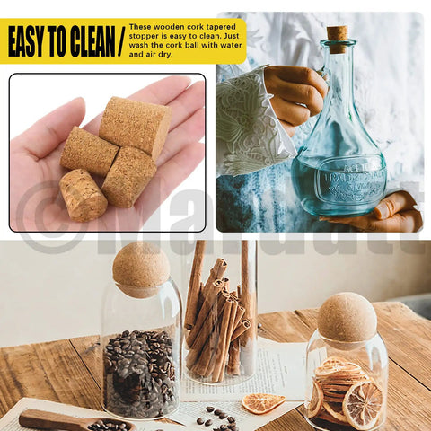 Assorted Wooden Cork Plugs Kit, 41 Pieces In 6 Sizes, Tapered And Ball Corks, shown with bottles and DIY crafts.