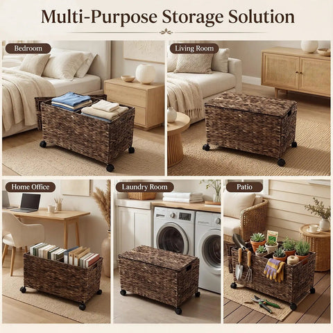 Large Rolling Wicker Storage Basket Made From Water Hyacinth, 15.5 Gallon Chest With Smooth Rolling Wheels in bedroom and more.