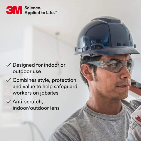 Man wearing hard hat and Virtua Lightweight Safety Glasses For Everyday Use Unisex Wraparound Eyewear With ANSI Z87 Protection.