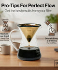Reusable Stainless Steel Pour Over Coffee Filter for Chemex and Hario V60 Drippers in glass carafe with brewing tips.