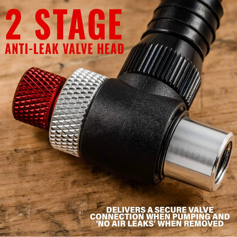 Close-up of 2-stage anti-leak valve head for High Pressure 300 PSI Shock Pump For Mountain And Road Bikes With Schrader Valve No Leak Valve T Handle Front Fork And Rear Suspension Air Shock Tool Precise Dial Gauge For Quick Smooth Adjustments