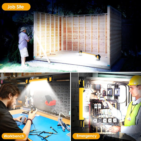 Beast Mode 2500LM COB LED Work Light With 5200mAh Rechargeable Battery in use at job site, workbench, and emergency setting