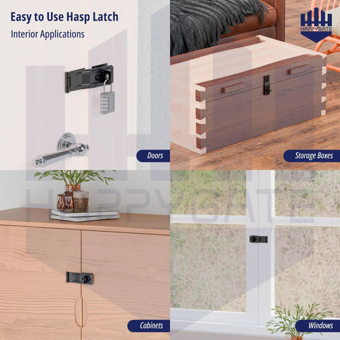 Heavy Duty Swivel Staple Safety Hasp Latch Lock With Twist Knob In Matte Black Stainless Steel with various applications on doors, cabinets, windows, and storage boxes.