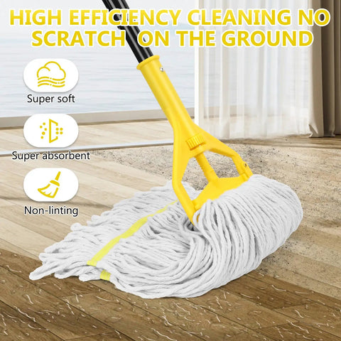Heavy Duty Commercial Cotton String Mop With 59 Inch Handle And Replaceable Head Top Shelf Wet Floor Scrubber on floor.